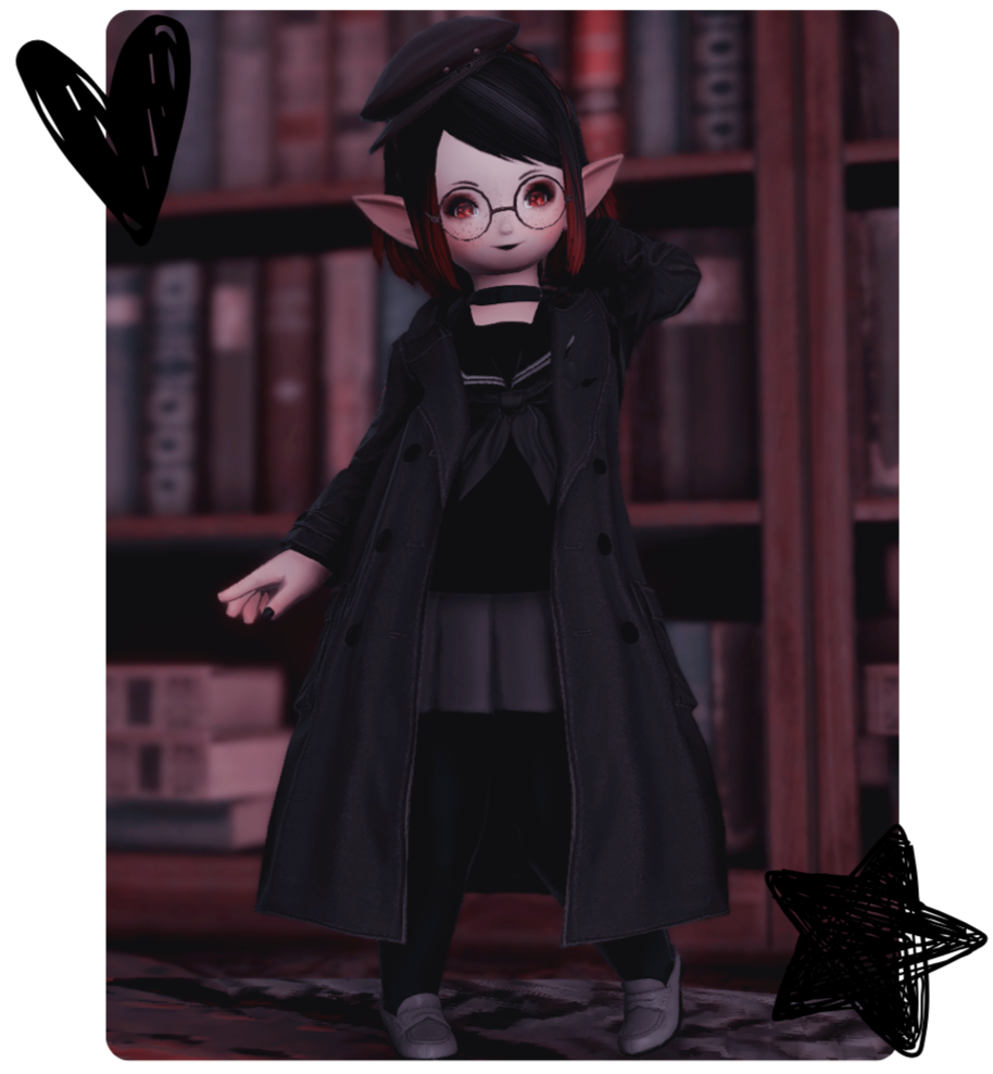 a pidgeon-toed Lala in dark academic clothing stands in front of a bookcase smiling and holding the back of her head with one hand.