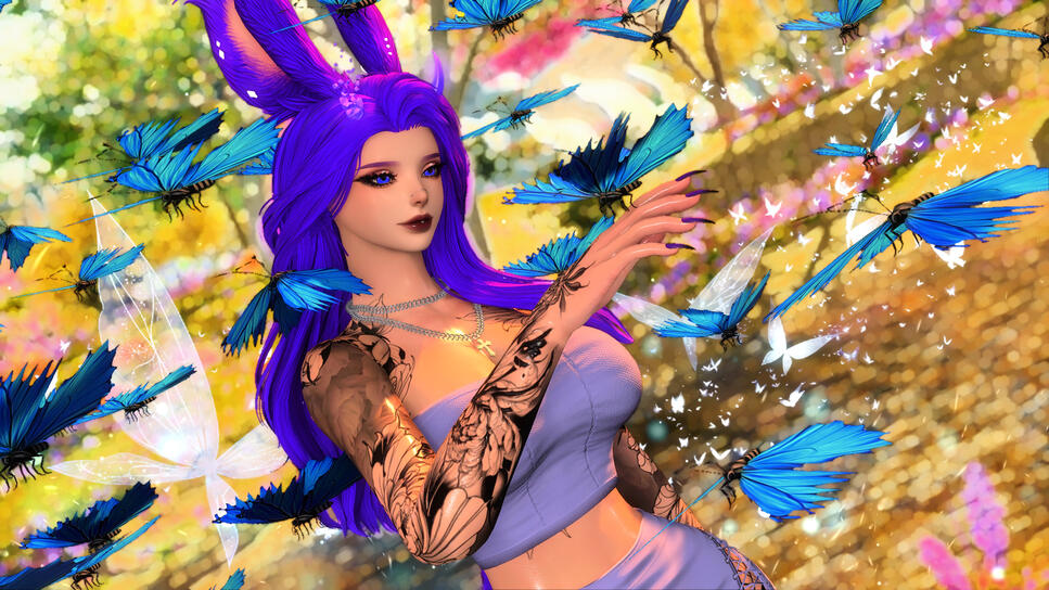 A gothic tattooed earless Viera stares off camera while she holds her hand to her lips.