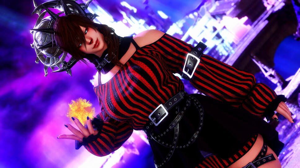 A gothic tattooed earless Viera stares off camera while she holds her hand to her lips.
