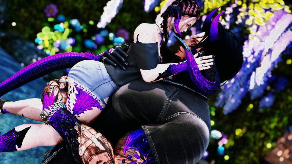 A small female au ra snuggles into the chest of a tall male Viera.