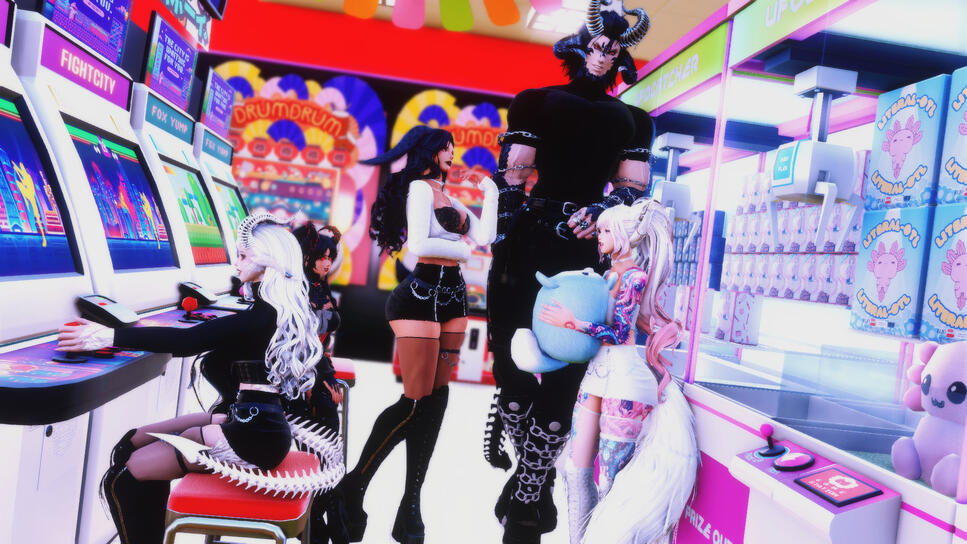 A group of Lalafell and one Au Ra makes heart shapes with their hands while wearing Valentione's Day clothing.
