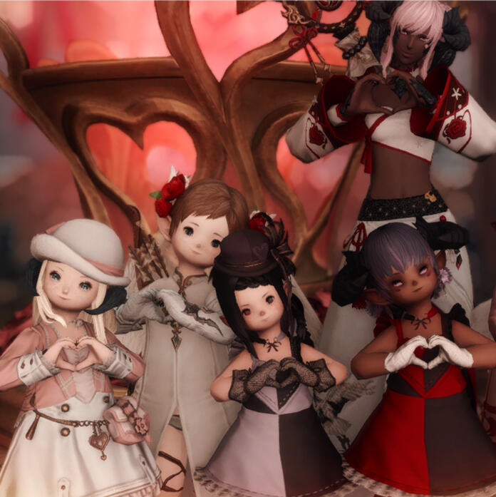 A group of Lalafell and one Au Ra makes heart shapes with their hands while wearing Valentione's Day clothing.