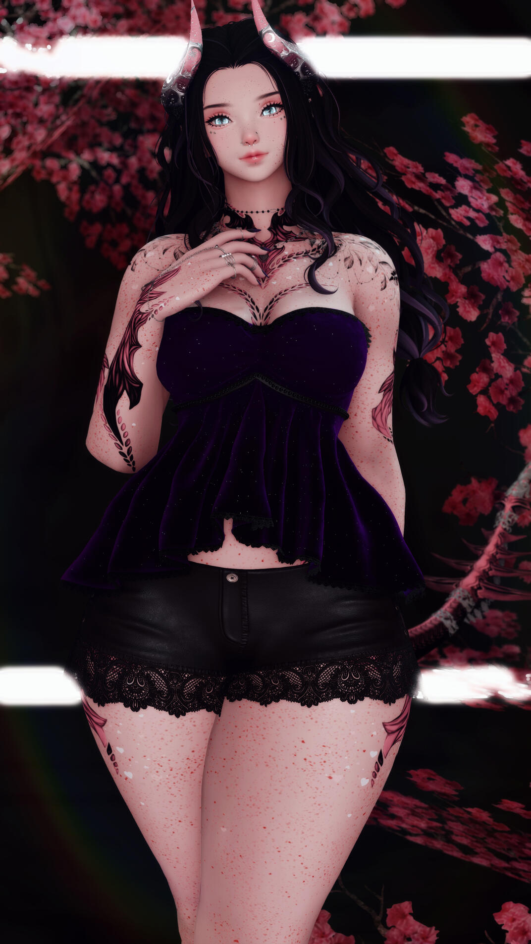 Sylvia holds a hand up to her heart while posing in a beautiful strapless purple gown.