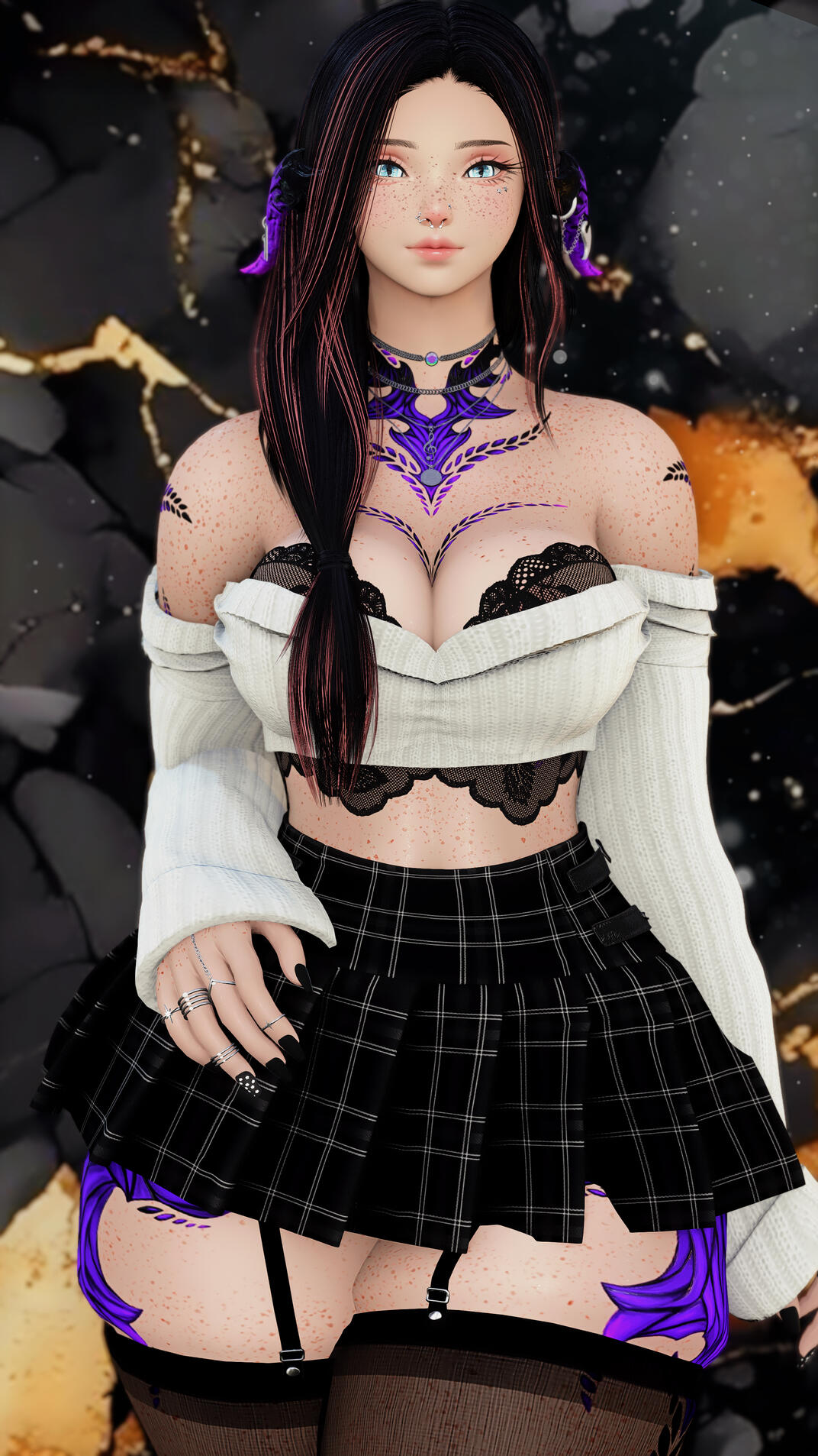 Sylvia holds a hand up to her heart while posing in a beautiful strapless purple gown.