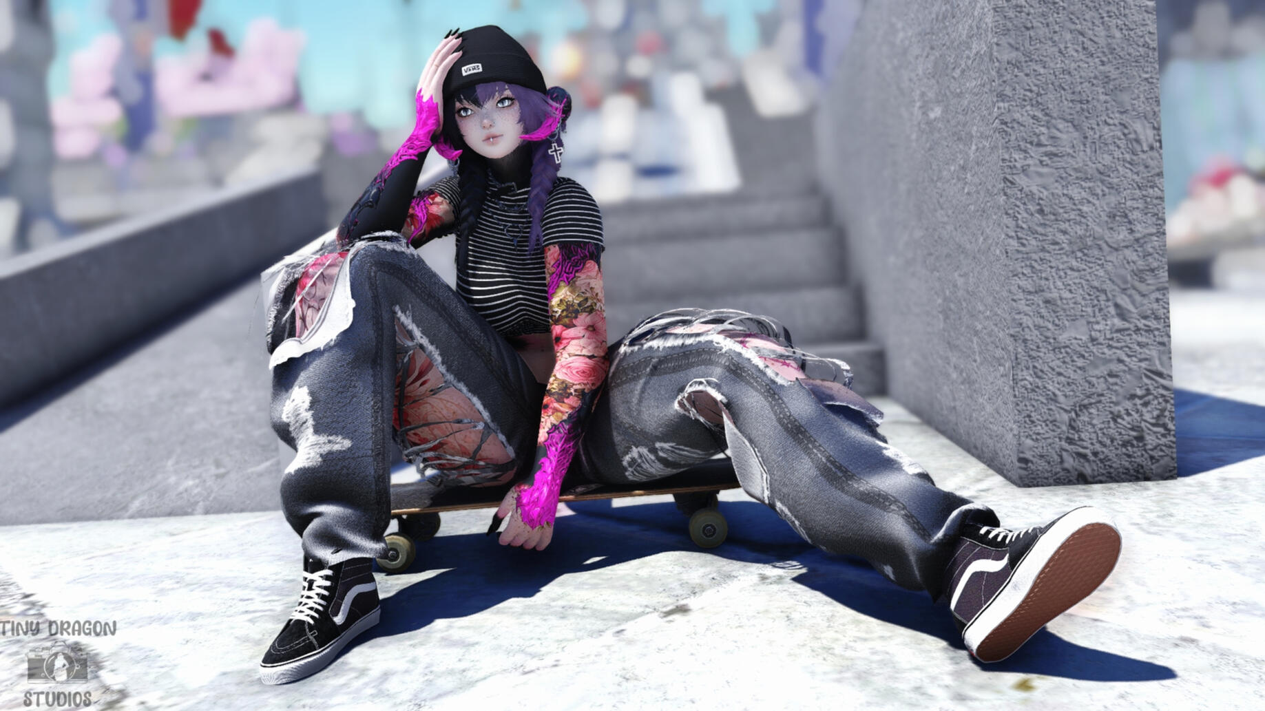 a pose of a girl sitting on her skateboard with her head in her hand and her legs sprawled out