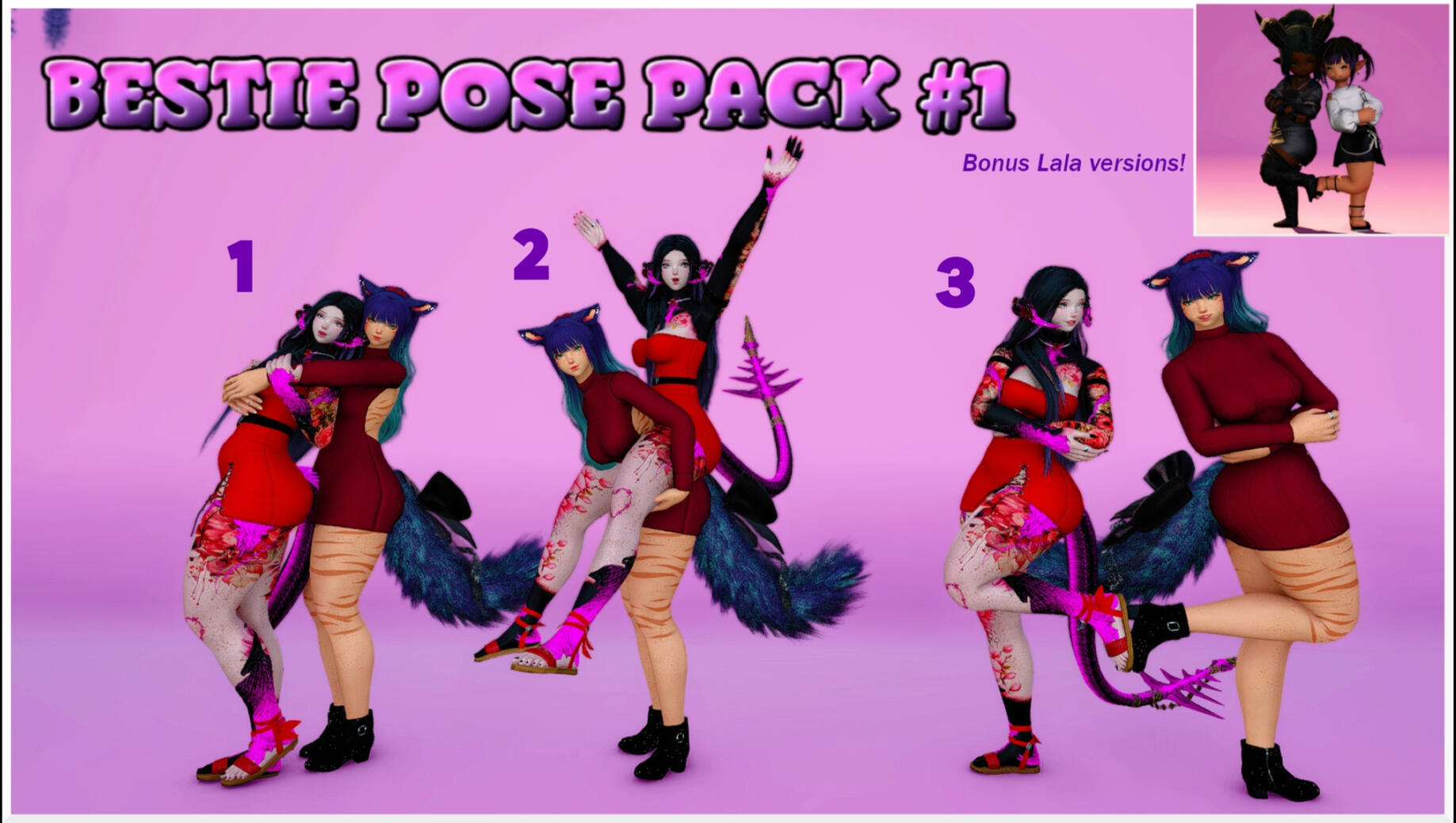 3 poses of two bffs. 1 hugging from the back, 1 piggy back ride, 1 feet together. The pack is lala compatible.